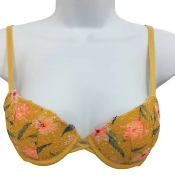 Victoria's Secret PINK Date Push Up Padded Yellow Floral Bra 34C - Picture 10 of 10